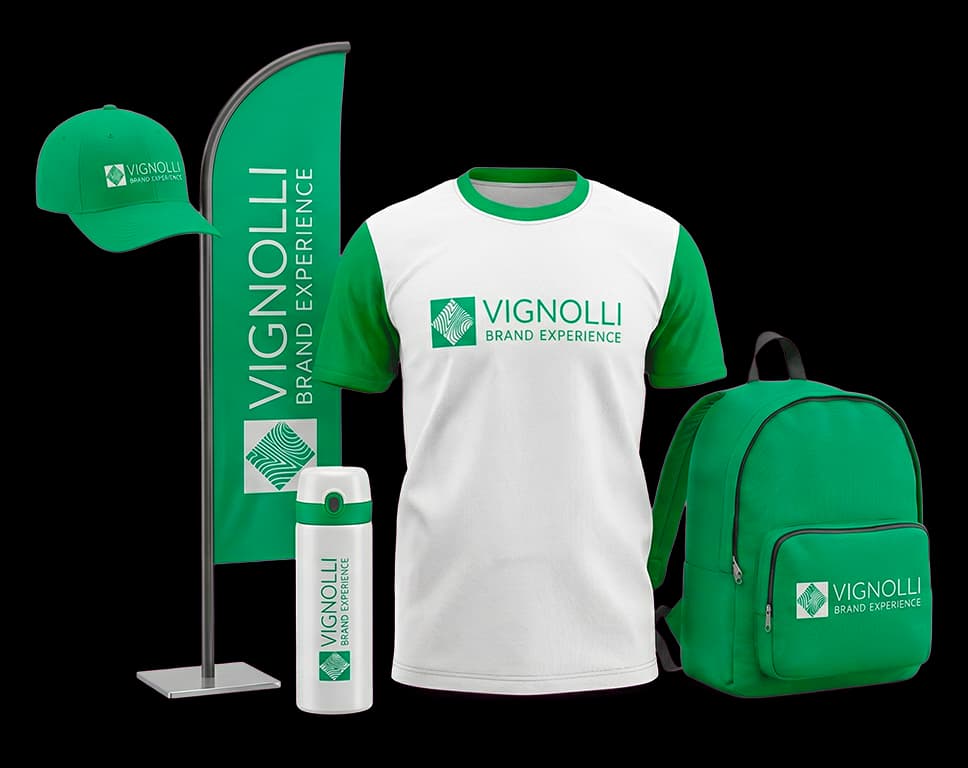 Produtos personalizados Vignolli, como camiseta, boné e mochila